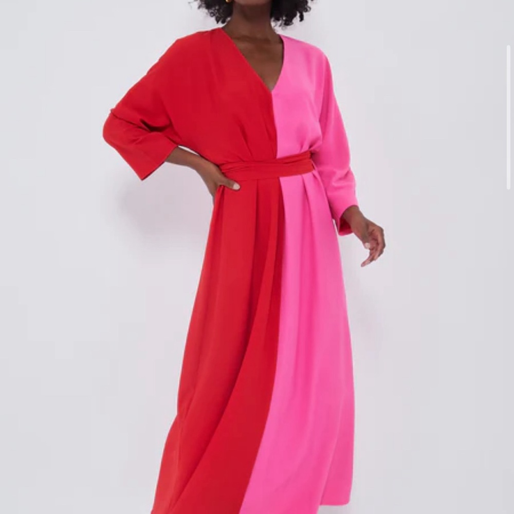 Colorblock Red and Pink Maxi Dress